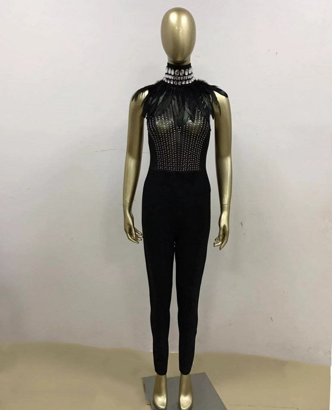 Black Fashion Feather Party Jumpsuit