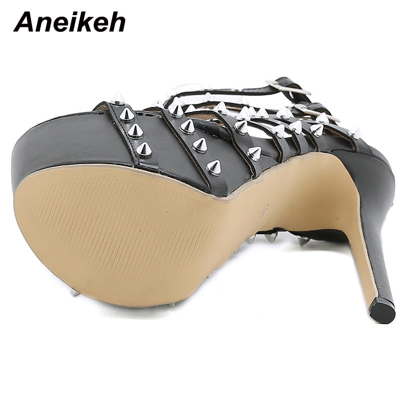 Gladiator Rivet Women High Sandals Summer Sexy Stripper  Thin Heels Shoes Platform Fashion Narrow Band Pumps