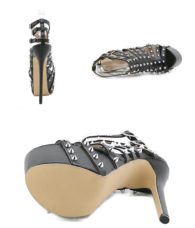 Gladiator Rivet Women High Sandals Summer Sexy Stripper  Thin Heels Shoes Platform Fashion Narrow Band Pumps