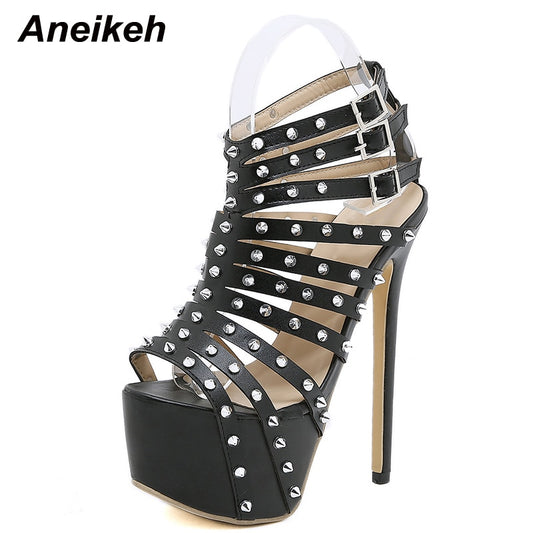 Gladiator Rivet Women High Sandals Summer Sexy Stripper  Thin Heels Shoes Platform Fashion Narrow Band Pumps