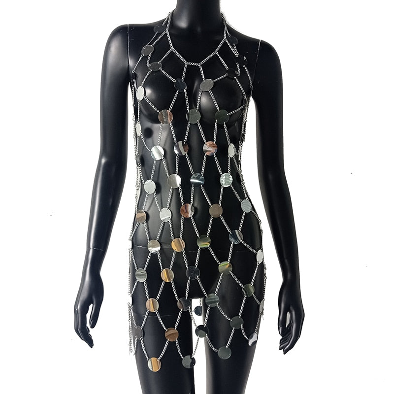Summer Dresses 2022 For Women Sexy Hollow Out Glitter Sequins Metal Chain Mini Dress Nightclub Festival Party Woman Clothing