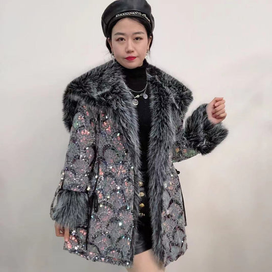 Winter Clothes Fashion Toka Warm Mid-Length Jacket High Waist Slimming Temperament Heavy Sequins Elegant Fur Coat Women festival fur coat