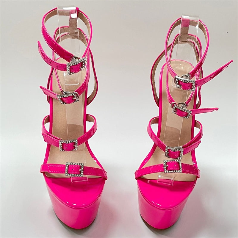 Runway Style Sexy High Heels Platform Sandals For Women Fashion Open Toe Crystal Buckle Stiletto Wedding Stripper Shoes