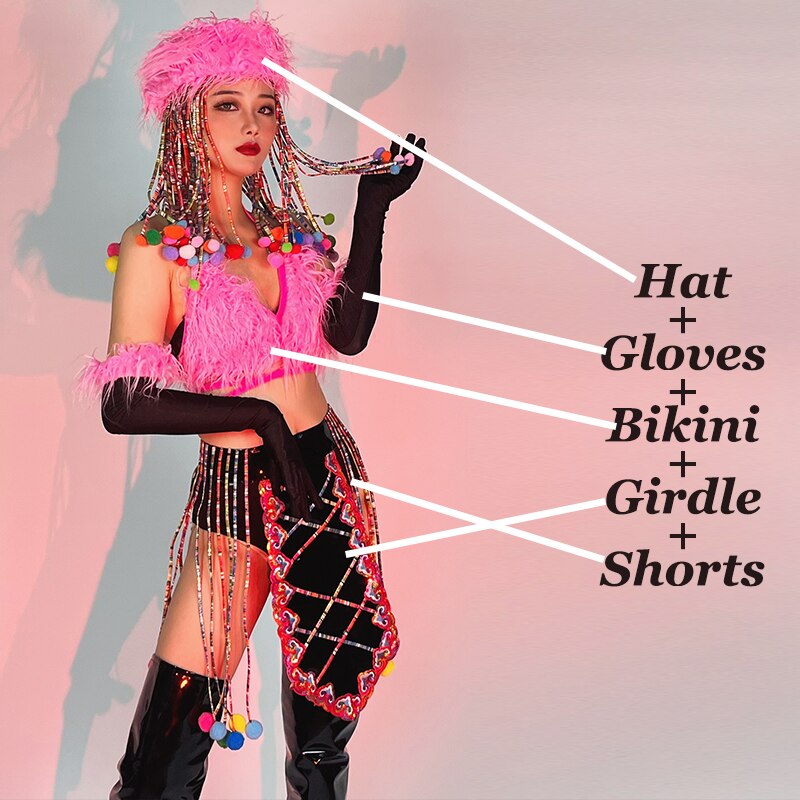 Nightclub Bar Gogo Show Dancer Stage Costume Plush Bikini Sexy Pole Dance Clothes Carniva Rave Outfit Dj Ds Clubwear