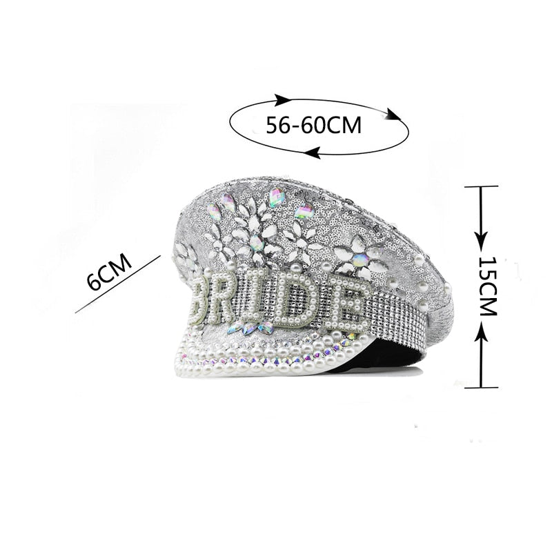 Hot Women Sequin Burning Silver Bride Military Hat Handmade Sailor Captain Sergeant Hat Birthday Festival Part Hat