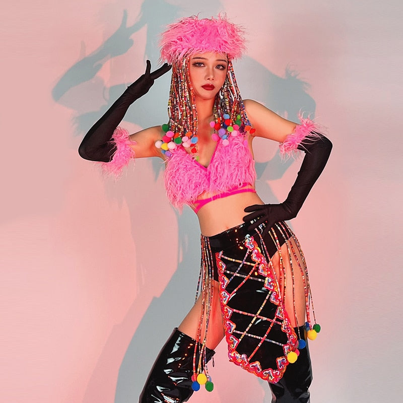 Nightclub Bar Gogo Show Dancer Stage Costume Plush Bikini Sexy Pole Dance Clothes Carniva Rave Outfit Dj Ds Clubwear