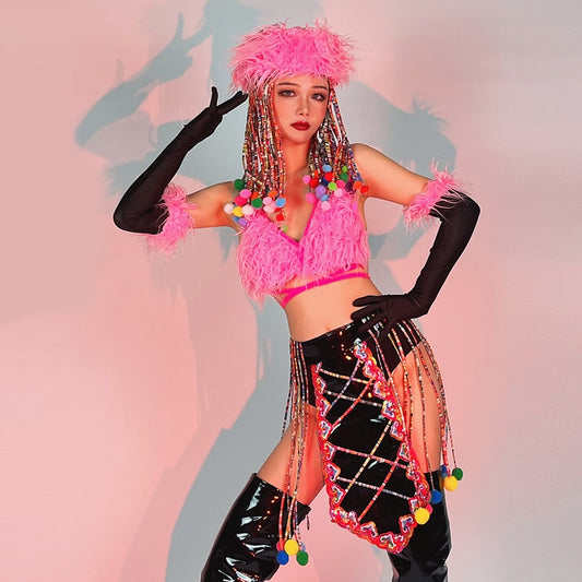 Nightclub Bar Gogo Show Dancer Stage Costume Plush Bikini Sexy Pole Dance Clothes Carniva Rave Outfit Dj Ds Clubwear