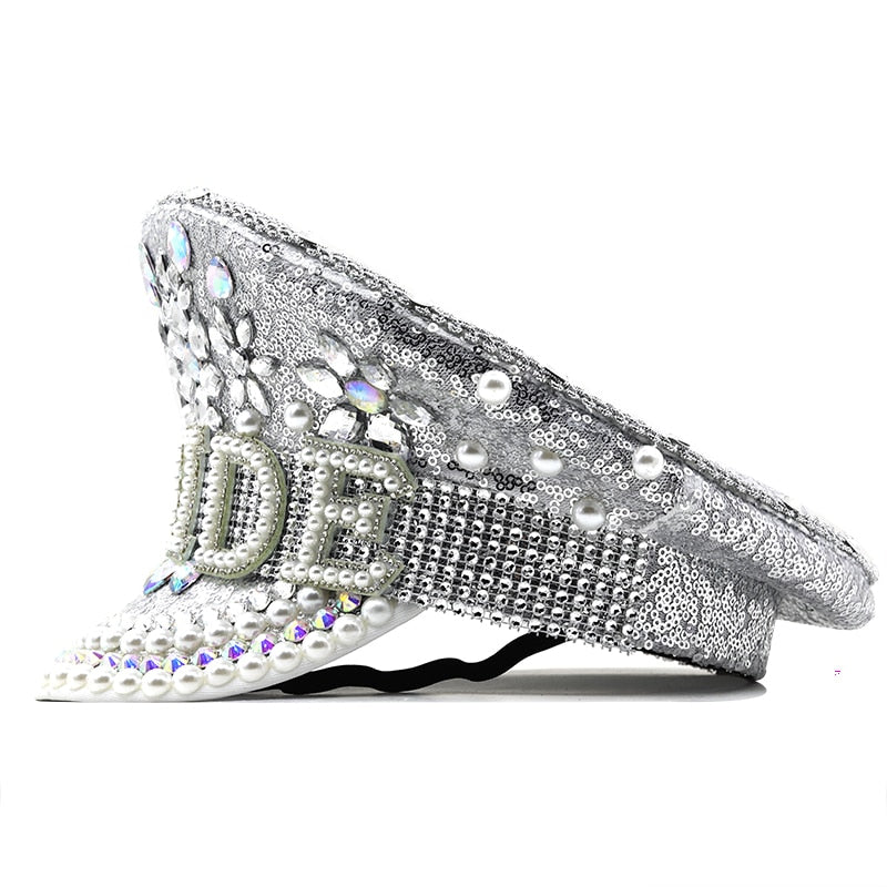 Hot Women Sequin Burning Silver Bride Military Hat Handmade Sailor Captain Sergeant Hat Birthday Festival Part Hat