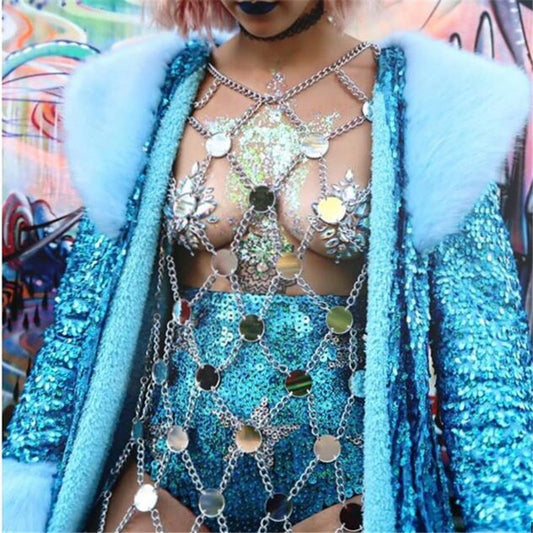Summer Dresses 2022 For Women Sexy Hollow Out Glitter Sequins Metal Chain Mini Dress Nightclub Festival Party Woman Clothing