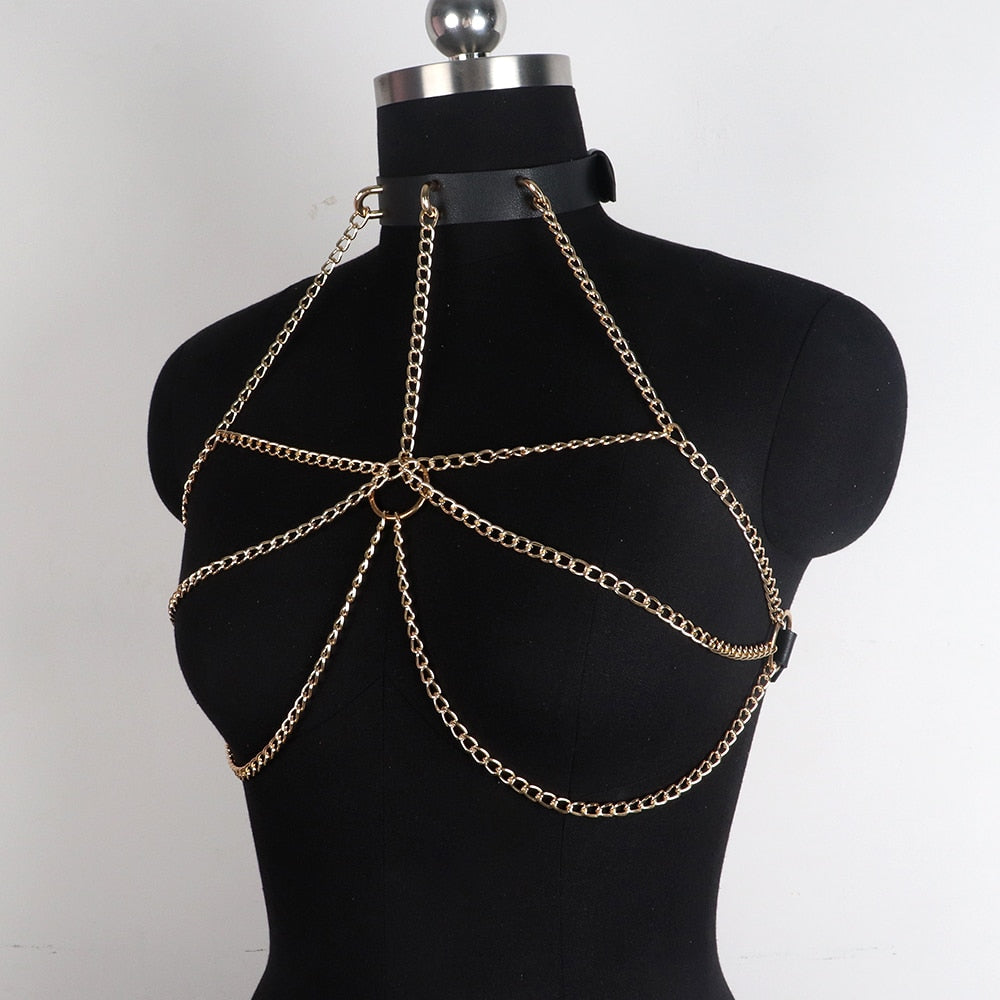 Sexy Goth Harness Gold Chain Bra – LingerieRAVEwear