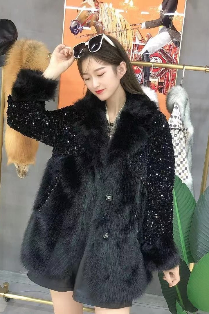 Color Sequined Rhinestone Purple Fur Coat Women Toka Wool Fur Jacket Loose Casual Fur Collar Thick Warm Overcoat Winter