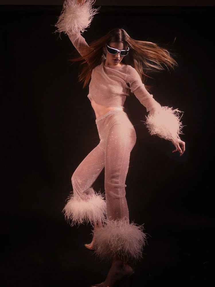 Sequins Furry Mesh Loose Trouser