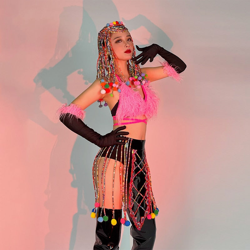 Nightclub Bar Gogo Show Dancer Stage Costume Plush Bikini Sexy Pole Dance Clothes Carniva Rave Outfit Dj Ds Clubwear