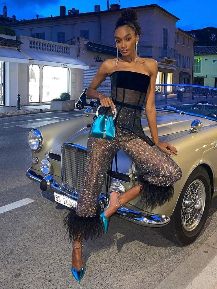 Sequins Furry Mesh Loose Trouser
