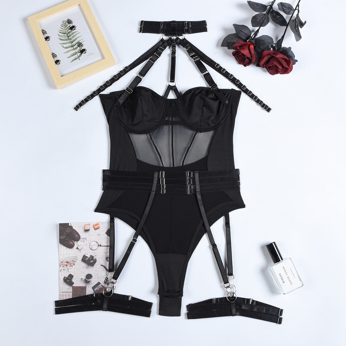 Mesh Bodysuit Women Gothic Backless Bandage Sexy Body Femme Halter Bandage Black Bodysuit Clubwear