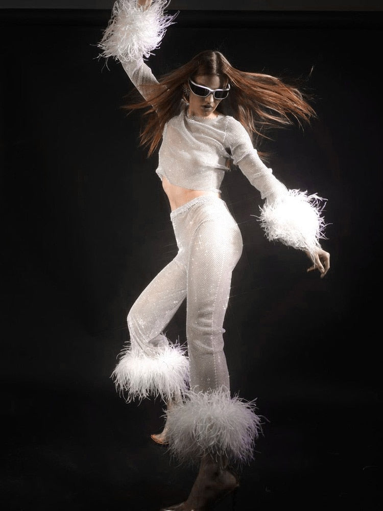 Sequins Furry Mesh Loose Trouser