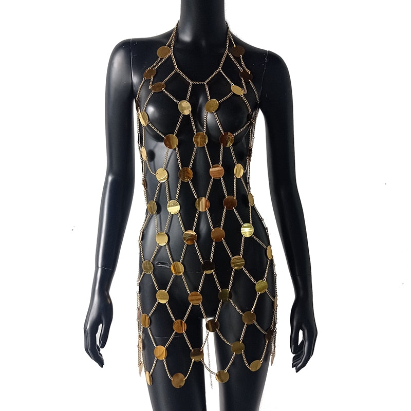 Summer Dresses 2022 For Women Sexy Hollow Out Glitter Sequins Metal Chain Mini Dress Nightclub Festival Party Woman Clothing