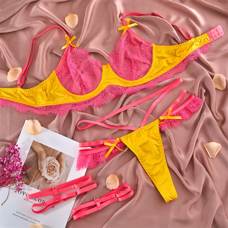 2-Piece Contrast Color Lace Bra Set