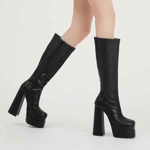 Black Thick Heels Elastic Micro Knee High Boots For Women Punk Style Autumn Winter Chunky Platform High Boots Party Shoes Ladies