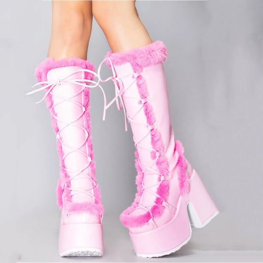 White Fur High Platform Boots High Chunky Heel Round Toe Mid Calf Boots Elegant Women Casual Outfit Winter Cross Tied Shoes
