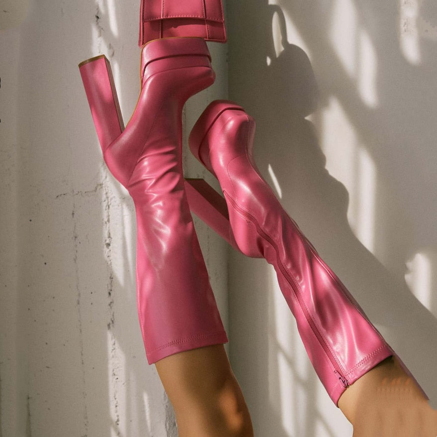 Black Thick Heels Elastic Micro Knee High Boots For Women Punk Style Autumn Winter Chunky Platform High Boots Party Shoes Ladies