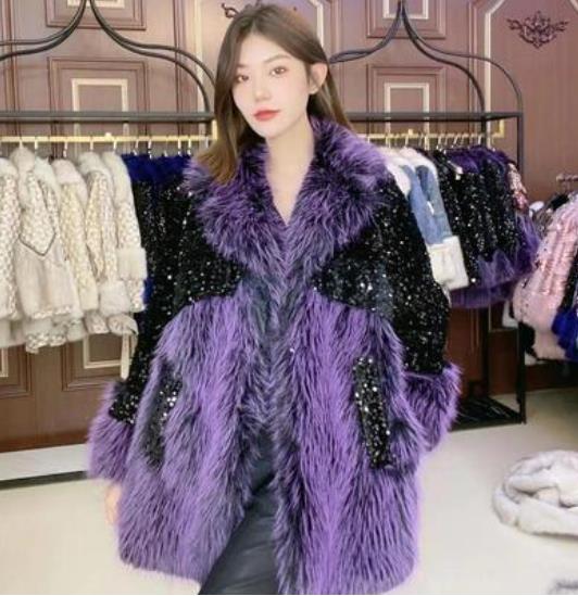 Color Sequined Rhinestone Purple Fur Coat Women Toka Wool Fur Jacket Loose Casual Fur Collar Thick Warm Overcoat Winter