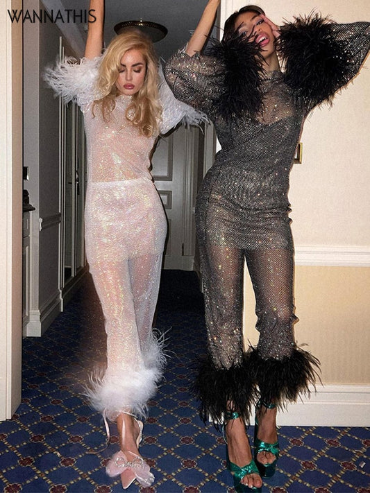Sequins Furry Mesh Loose Trouser