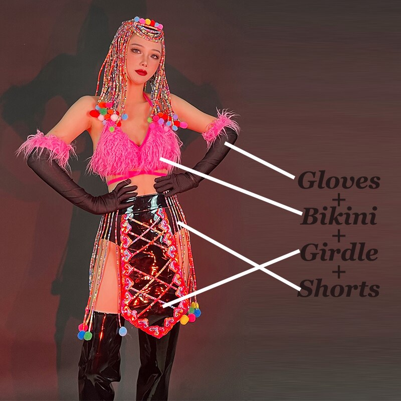 Nightclub Bar Gogo Show Dancer Stage Costume Plush Bikini Sexy Pole Dance Clothes Carniva Rave Outfit Dj Ds Clubwear