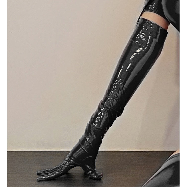 Catsuit Short Sleeve Zipper Open Crotch Bodysuit Pole Dance Clubwear Hot Sexy PU Leather Body Shirts Tops