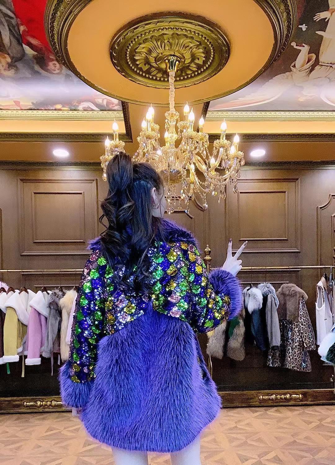 Color Sequined Rhinestone Purple Fur Coat Women Toka Wool Fur Jacket Loose Casual Fur Collar Thick Warm Overcoat Winter
