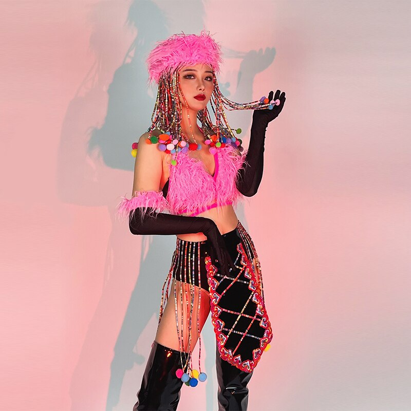 Nightclub Bar Gogo Show Dancer Stage Costume Plush Bikini Sexy Pole Dance Clothes Carniva Rave Outfit Dj Ds Clubwear