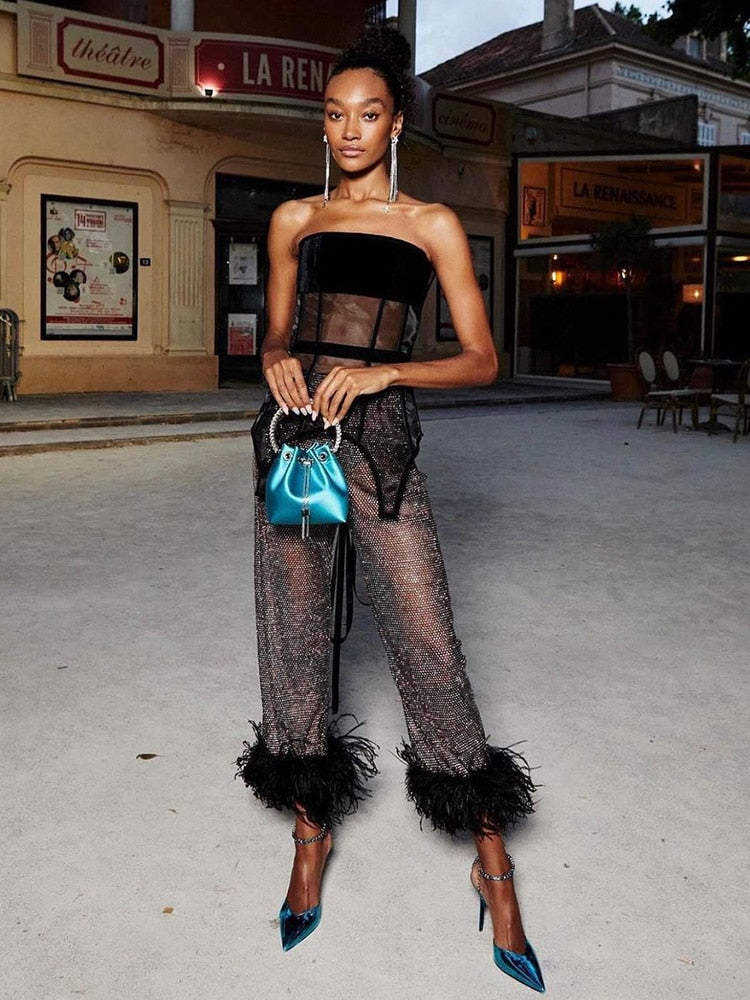Sequins Furry Mesh Loose Trouser