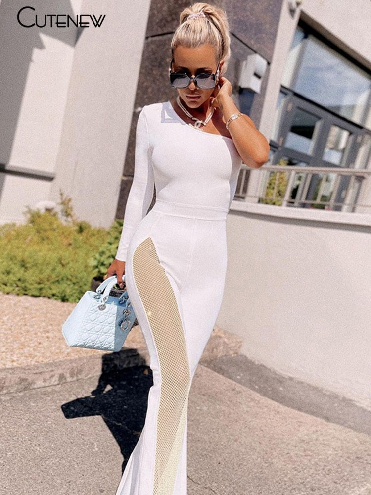 Cutenew Sexy Mesh One Shoulder Patchwork