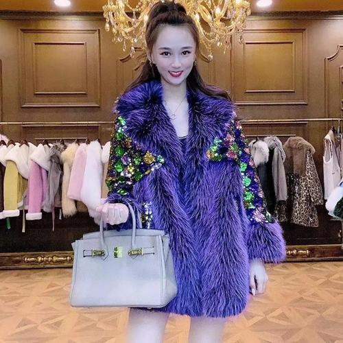 Color Sequined Rhinestone Purple Fur Coat Women Toka Wool Fur Jacket Loose Casual Fur Collar Thick Warm Overcoat Winter