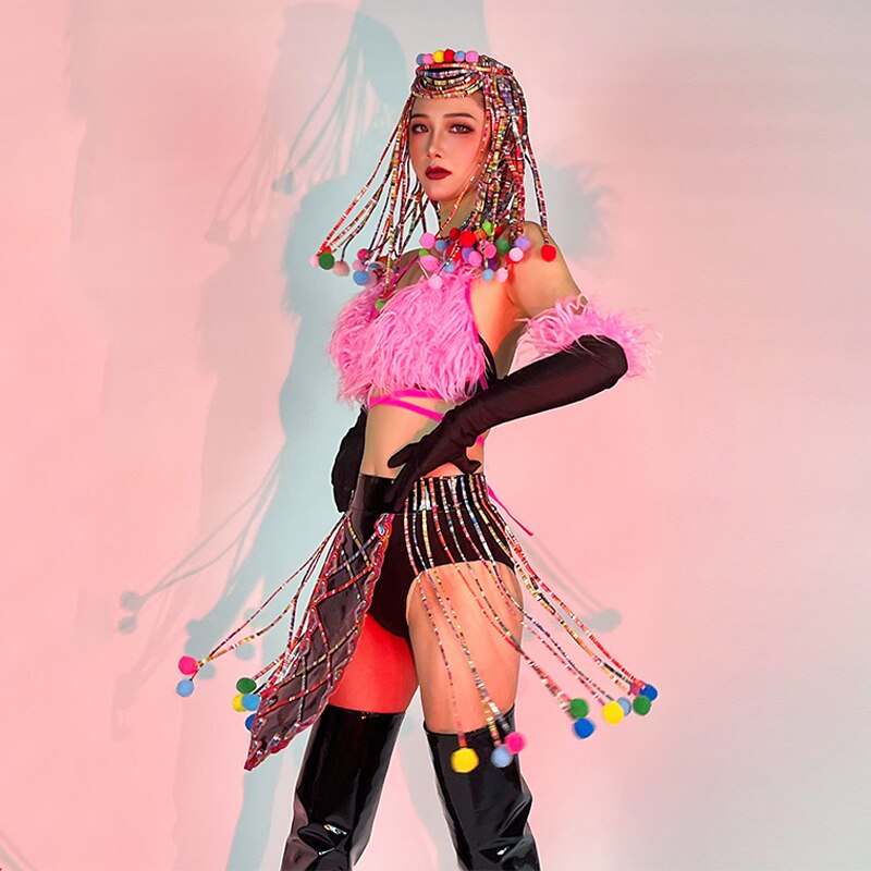 Nightclub Bar Gogo Show Dancer Stage Costume Plush Bikini Sexy Pole Dance Clothes Carniva Rave Outfit Dj Ds Clubwear