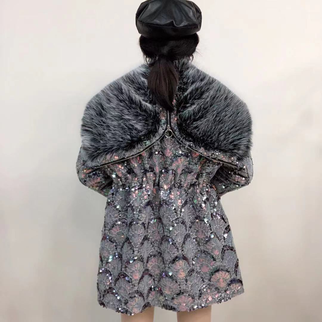 Winter Clothes Fashion Toka Warm Mid-Length Jacket High Waist Slimming Temperament Heavy Sequins Elegant Fur Coat Women festival fur coat