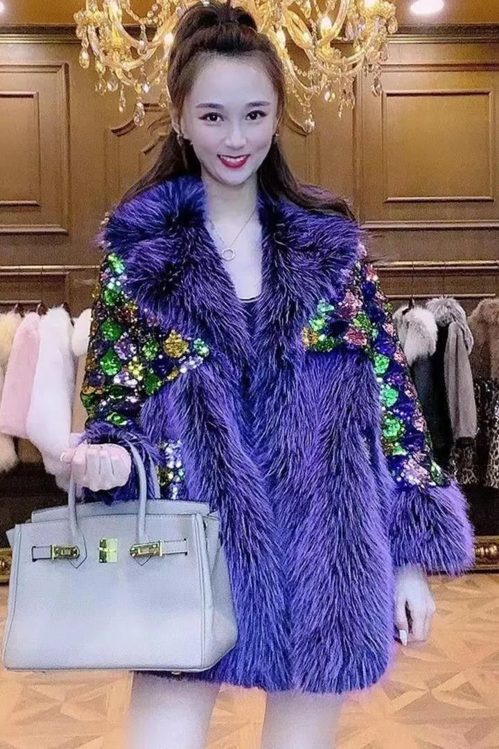 Color Sequined Rhinestone Purple Fur Coat Women Toka Wool Fur Jacket Loose Casual Fur Collar Thick Warm Overcoat Winter